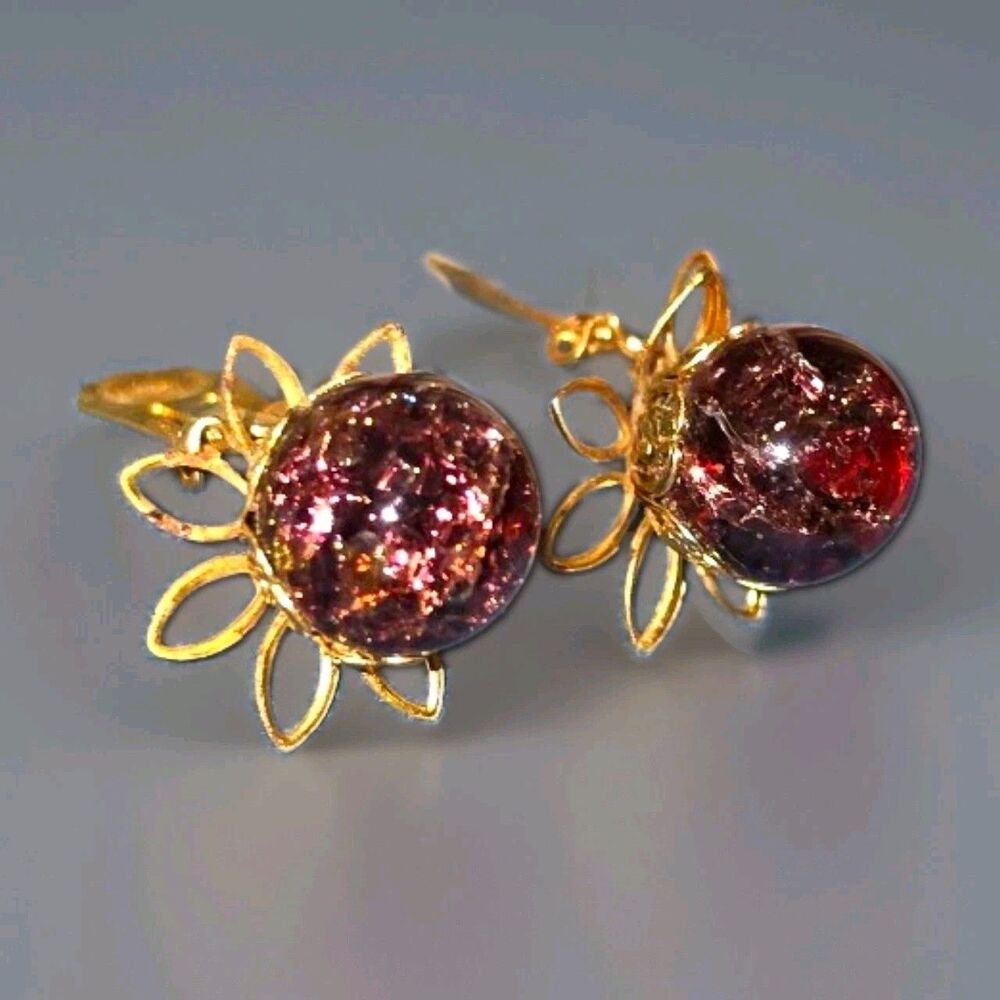 Vintage Gold Tone Clip On Earrings Flower Sparkle Burgundy Glass Beads Lobe